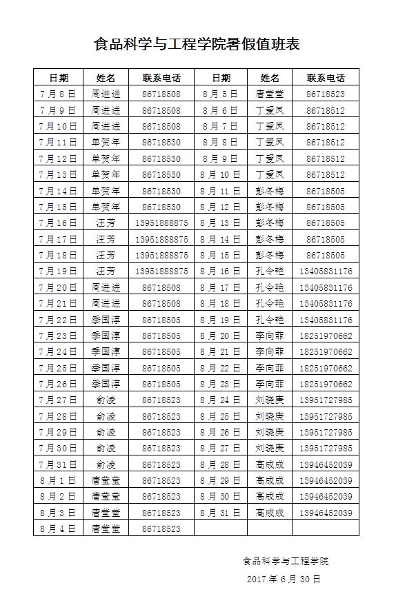 学院暑假值班表