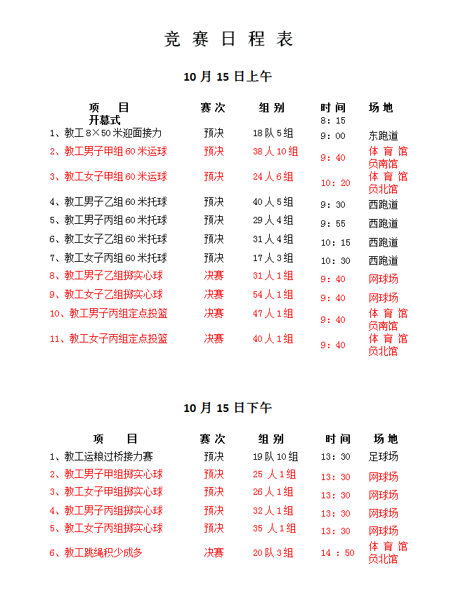 2015年教职工运动会竞赛日程表